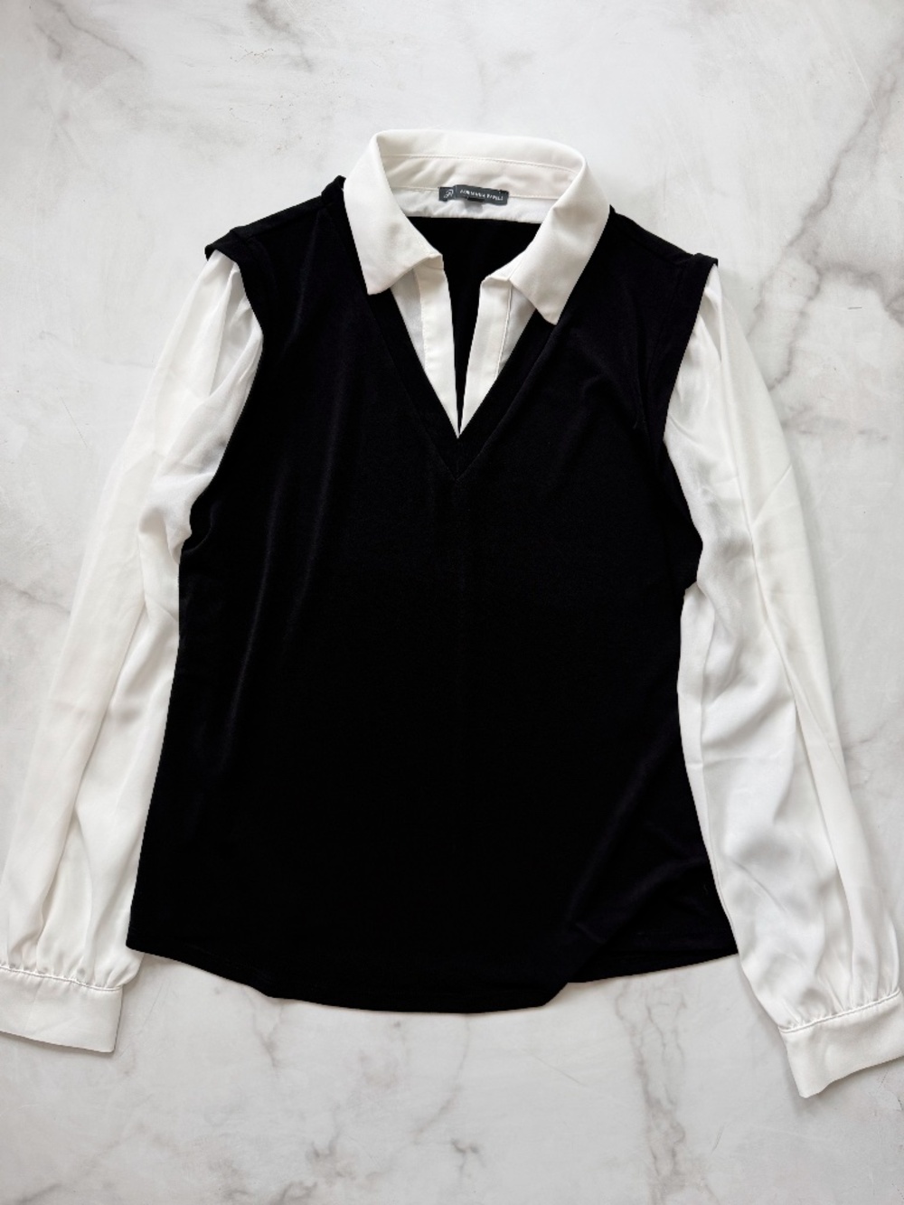 Adriana Pappel White & Black Collared Long Sleeve Shirt - Size S